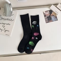 Schwarze gerippte Baumwollsocken mit bunten Farbspritzer-Punkten für Damen im Alltag - Einheitsgröße / Schwarz mit bunten Punkten
