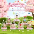 Cute panda cat figure on white swing with pink cream cake base for desktop decor - Steamed Bun Cat Swing Day-Whole Set