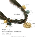 Collana retrò in acciaio inossidabile con cordino in tessuto verde e ciondoli sole luna in oro 18K - Collana con Ciondolo Espressione Sole Luna in Tessuto Chiffon - Oro