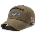 Brown washed cotton baseball cap with vintage shark embroidery and American flag patch - Adjustable / Khaki