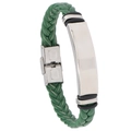 Green braided leather bracelet with a polished stainless steel metal plate and clasp - Army Green