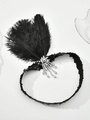 Detail view of 1920s headband with black feathers, silver sequins and beaded tassels - Three Feathers Silver Bead Flower