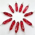 Detailed view of ten red hexagonal crystal pendants wrapped in silver wire on white background - Silver Wire Transparent Red