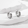 Sleek silver stainless steel huggie earring with vertical grooves and a clear zircon stone - Silver Single Zircon