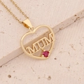Detail of 18K gold plated heart necklace with red gem and MUM engraving on stone surface - Hollow MUM Heart Red Gem Style (8#)