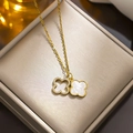 Titanium steel necklace with diamond-encrusted clover and shell pendants in gold finish - 8888 White Shell