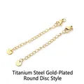 Macro view of polished 18K gold plated titanium steel extension chains with lobster clasps - Round Plate Style Extension Chain (18K Gold)