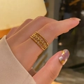 Detail of multi-layer 18k gold-plated stainless steel ring with leaf and bead texture - KTG034J-Leaf And Bead Overlap Style