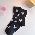 Fashionable black mid-calf cotton socks featuring all-over white heart patterns - One Size / Black With White Heart