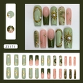 Uñas postizas francesas de 24 piezas verde oliva con perlas y estrellas doradas - Z1171 Encuentro Dorado (Estilo Pegamento)