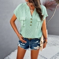 Elegant light green short sleeve V-neck shirt with textured fabric and chest pockets - Green