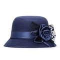 Dark blue wool felt fedora with silk rose decoration and black polka dot mesh veil - One Size / Navy Blue