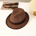 Classic brown mesh fedora hat with dark band, breathable hollow knit for summer style - L (58-60cm) / Coffee