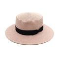 Close-up of fine straw texture and black ribbon bow on a light pink flat top boater hat - M (56-58cm) / Light Pink