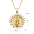 Detailed view of 20mm gold Virgin of Guadalupe pendant with sparkling zircon accents - Guadalupe Text Round Style (C154)