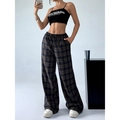 Women's plaid high waist wide-leg trousers in navy and brown with elastic drawstring waist - S / GK29 Blue and Yellow Plaid