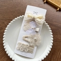 Set of 4 beige and white lace bow hair clips for kids with pearls on display card - Bow Lace Flower Clip