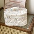 Close-up of quilted cherry makeup bag with MELODY embroidery and double zippers - Yellow Cherry Makeup Bag (With Handle)