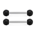 Detailed view of silver stainless steel barbell piercings with black rhinestone end balls - Shamballa Style 5mm