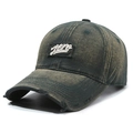 Vintage washed dark green baseball cap with Hero embroidery and distressed torn brim - Army Green