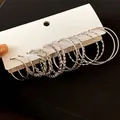 Set of 6 pairs of silver hoop earrings with smooth twisted and beaded textures - 60# Silver Needle - Silver (12-Piece Set)