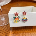 Asymmetric Christmas earrings featuring red star studs with festive bells and colorful balls - E5741-9 Red Star Bell Ball
