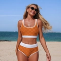 Two-piece orange hollow texture bikini set with white trim and high-waisted bottoms - Coffee