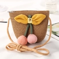 Mini girls woven bucket bag with yellow bow and pink cherry pom-poms details - Pink Pom-pom / Brown