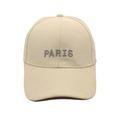 Detailed view of the gray PARIS embroidery on a beige cotton canvas baseball cap - M (56-58cm) / Beige