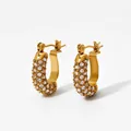Modern gold-plated U-shaped hoop earrings featuring shimmering pave-set zircon crystals - White Style (KDE1846)