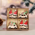 Wooden Christmas ornaments set featuring miniature cars in a natural wood display box - Red Hat Car