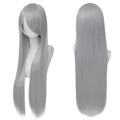 Dual-angle view of long straight silver grey cosplay wig with bangs on a white mannequin - Silver Gray