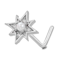 L-shaped silver nose stud featuring a hexagram star with a center pearl and crystals - Star Pearl Style (BD00641) / Silver
