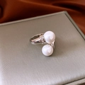 Elegant silver open ring with double white pearls and shimmering zircon accents - 57# Ring - Silver - Dual Pearl