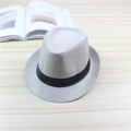 Classic grey breathable fedora hat with black silk ribbon on wooden background - One Size / Light Gray