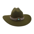 Army green wide brim western cowboy hat with wool felt texture and turquoise concho - Large Brim Oval Blue Stone / Army Green