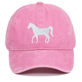 Pink vintage washed cotton baseball cap featuring white horse embroidery and stitching - Adjustable / Pink