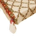 Beige Christmas tablecloth with holly berry grid pattern and festive scalloped edges - Style I
