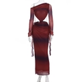 Détail du tissu en mesh dégradé bordeaux sur cet ensemble jupe longue élégant - S / Dégradé Rouge Violet