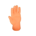 Close-up of novelty orange plastic finger puppet for cat grooming and interactive play - Left Hand