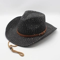 Detalle de sombrero panamá negro con correa de cuero marrón y cordón ajustable debajo - Negro (Con Lentejuelas)