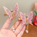 Handcrafted pink butterfly hair clips with pearl tassels and shimmering beads for girls - Pink Butterfly 1 Pair
