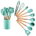 11-piece silicone kitchenware set in mint green with natural wooden handles - Small Bucket Compact Style / Forest Green