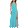 Robe de soirée turquoise à fines bretelles avec décolleté en V profond et fente haute - US 14 / Haut Et Bas / Bleu sarcelle