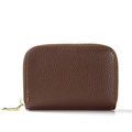 Dark brown pebbled leather RFID card holder with golden U-shaped zipper and yellow stitching - Dark Coffee