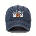 Detail of navy blue washed cotton baseball cap with Basketball MOM embroidery - One Size / Navy Blue