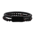 Bracciale a doppio strato con pelle intrecciata nera e perle occhio di tigre - 21cm / Occhio di Tigre Rosso Pietra Opaca