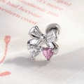 Silver bow stud earring featuring sparkling pink and clear heart-shaped gemstones - Bowknot Pink Heart