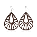 Close-up of vintage brown hollow teardrop wooden earrings with geometric design - Style 70