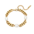 Bracciale a catena cubana dorata minimalista con tre perle bianche irregolari e ciondolo K18 - Bracciale a catena cubana spessa con tre perle